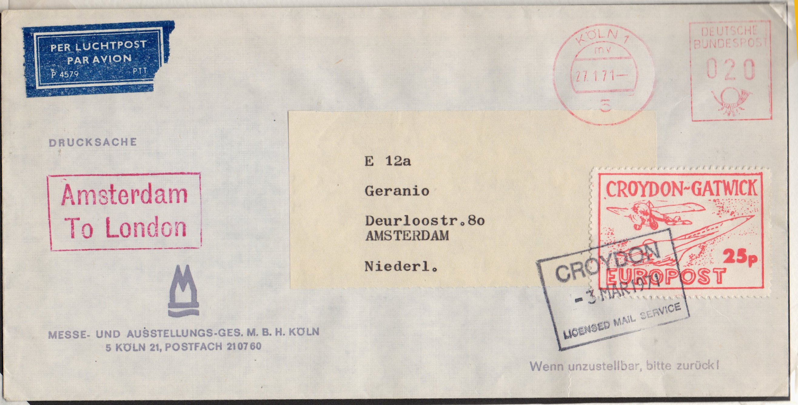 1971 Croydon Gatwick Strike Post 25p Printed Matter rate from Cologne to UK, 3 Mar 1971 arrival cancellation